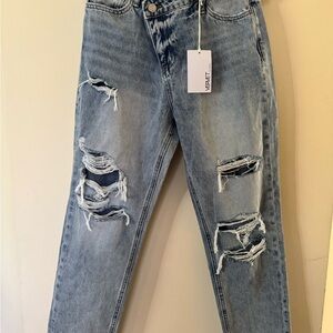Distressed SideZip Mom Blue Jeans-Size 26